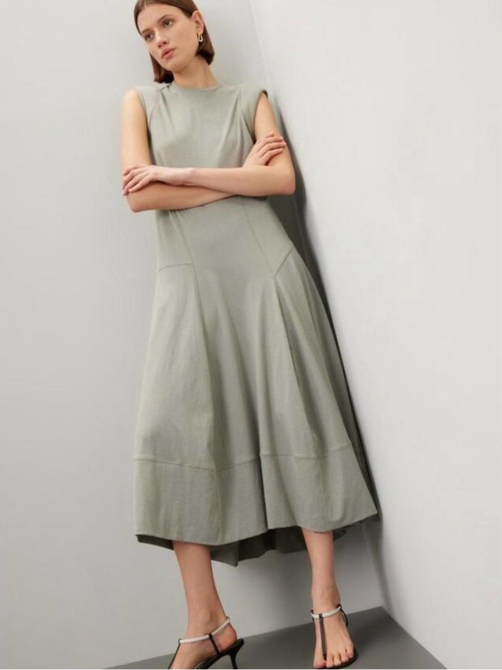 Tibi Sage Green Sleeveless Midi Shirt Dress